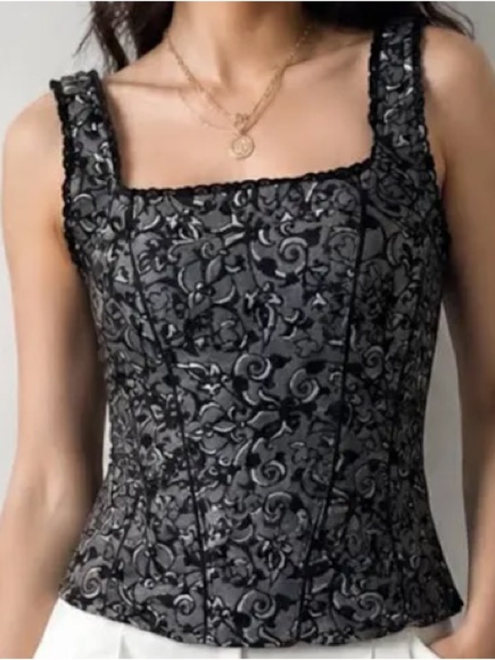 White House Black Market Black and Gray Floral Corset Top